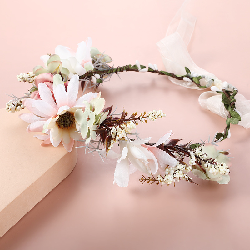 European and American AliExpress hair bands, bride headwear, garland hair bands, pink artificial flower, rattan, ribbon hair bands, forest-style hair accessories