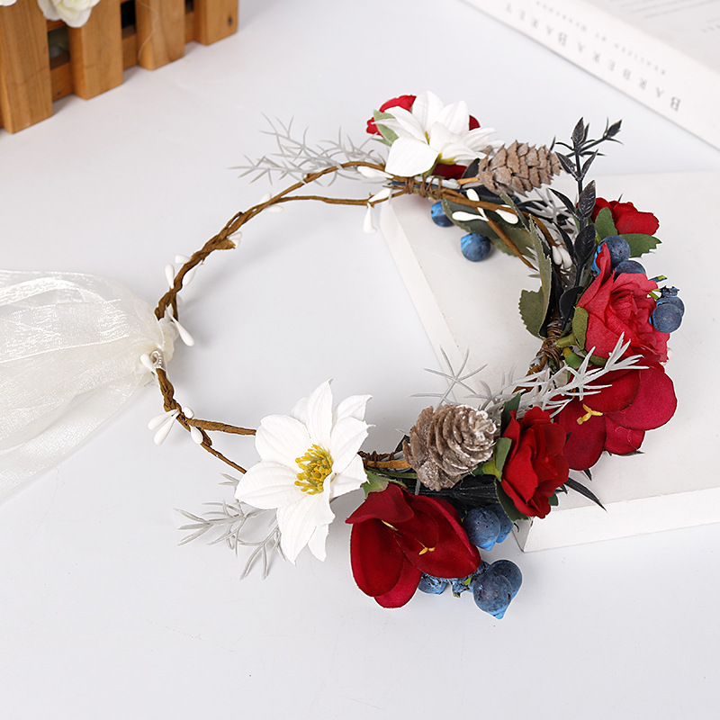 New exotic garland wine red simulated rose headband, European and American retro bride's hair accessory details Picture