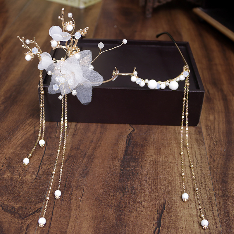 Simple European and American accessories for foreign trade, wedding and travel souvenirs, personalized and trendy glasses, white tassel and pearl-shaped hair accessories Specification image