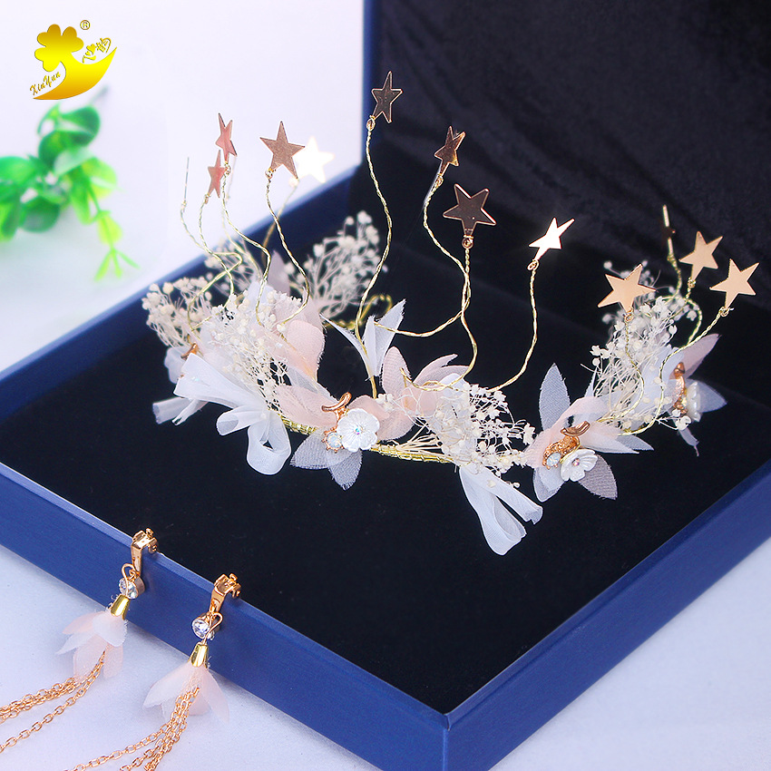 Luxurious retro bride's crown, starry sky, forest-style hairband headwear, studio photography, fashionable and sweet earrings set Specification image