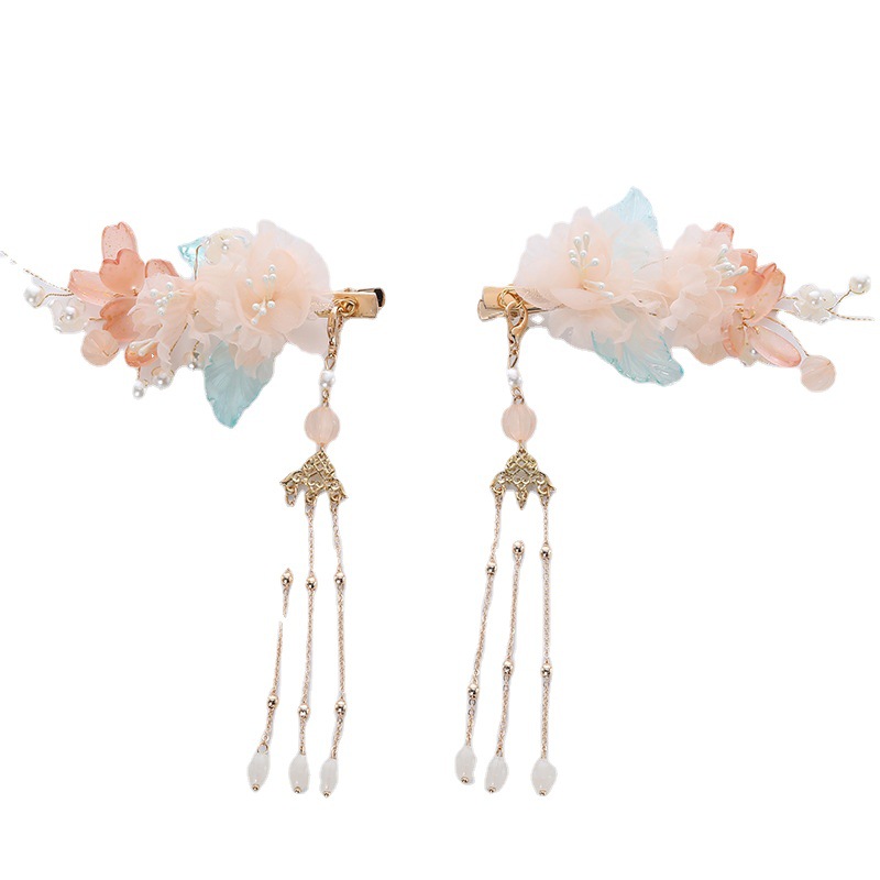 Creative ancient-style women's Hanfu accessories, long tassel style pearl decoration hair clip, glass leaf metal pair clip Item Picture