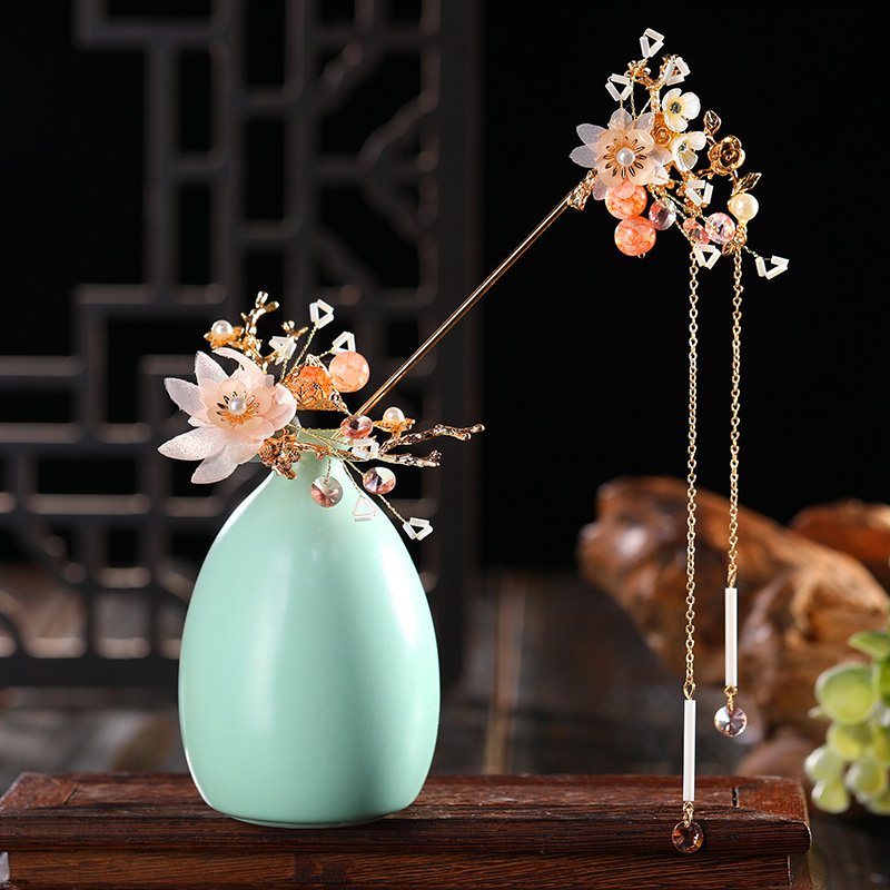 Fashionable ancient-style alloy long tassel women's crystal pendant, gauze flower alloy fork, pearl gauze flower hairpin and hairpin