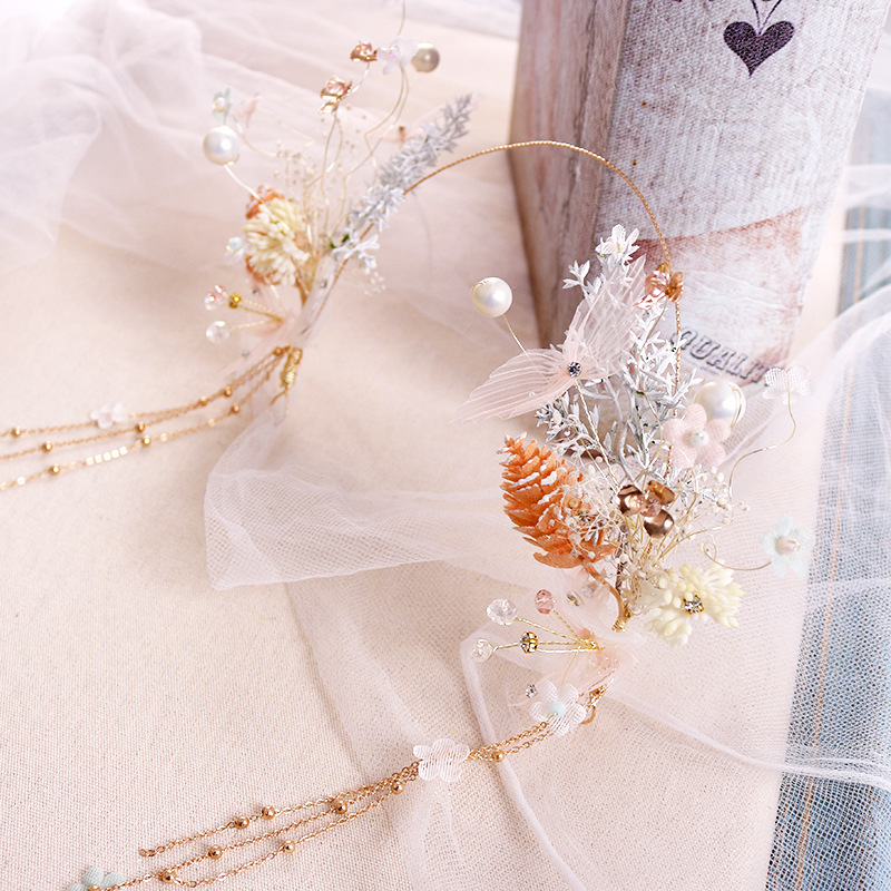 New Korean-style headband for brides, super fairy-like pink starry sky tassel edge clip, wedding style headwear wholesale Specification image