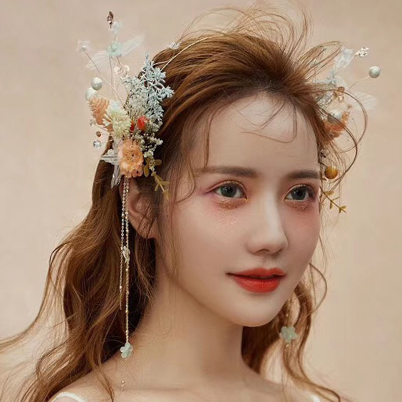 New Korean-style headband for brides, super fairy-like pink starry sky tassel edge clip, wedding style headwear wholesale details Picture
