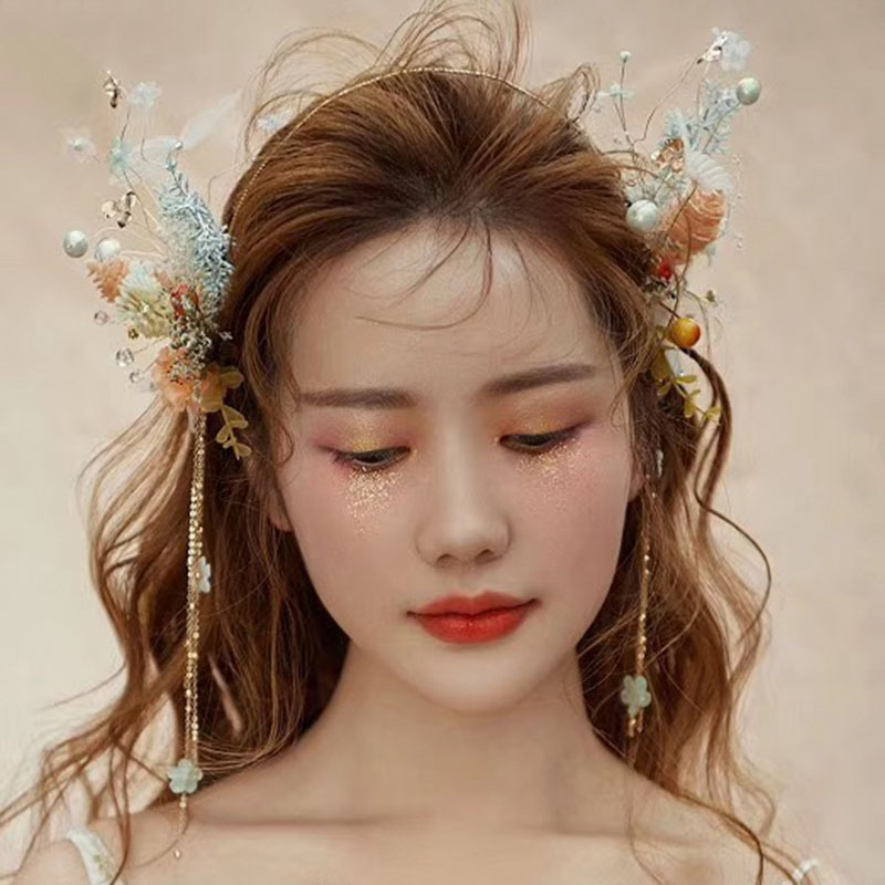 New Korean-style headband for brides, super fairy-like pink starry sky tassel edge clip, wedding style headwear wholesale