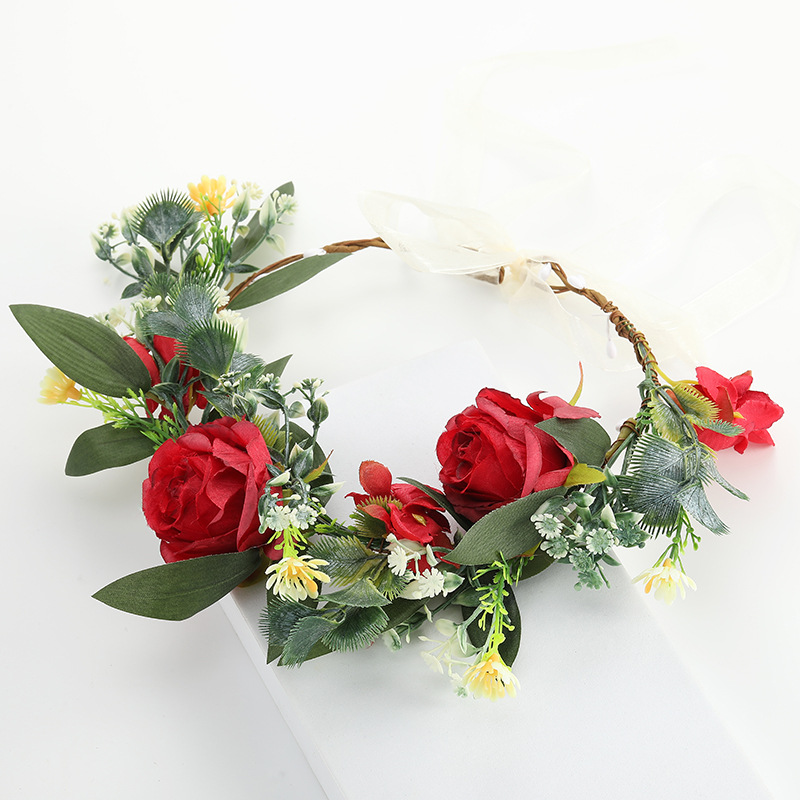 Wholesale of cross-border European and American AliExpress fashion flower wreath headwear, rose bride seaside vacation hair bands, and simulated flower hair accessories Specification image