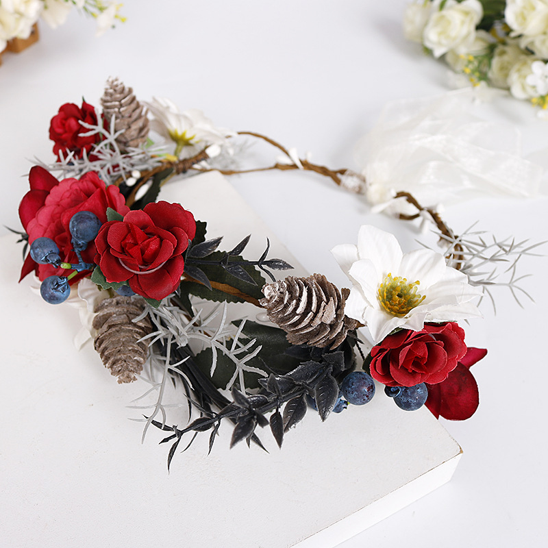 New exotic garland wine red simulated rose headband, European and American retro bride's hair accessory Specification image