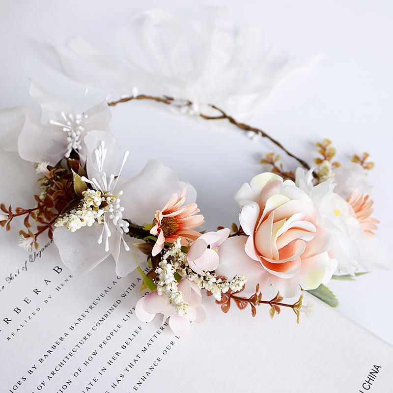 Flower headband, garland, pink flower headband, princess headpiece, forest-themed sunflower headpiece, bride's wedding headpiece details Picture