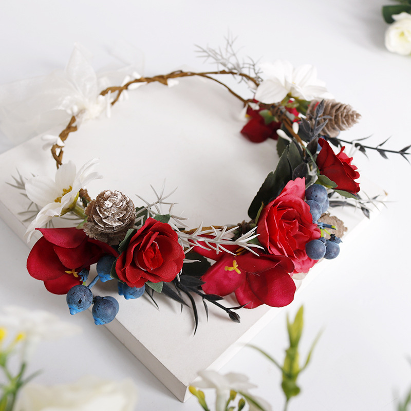 New exotic garland wine red simulated rose headband, European and American retro bride's hair accessory