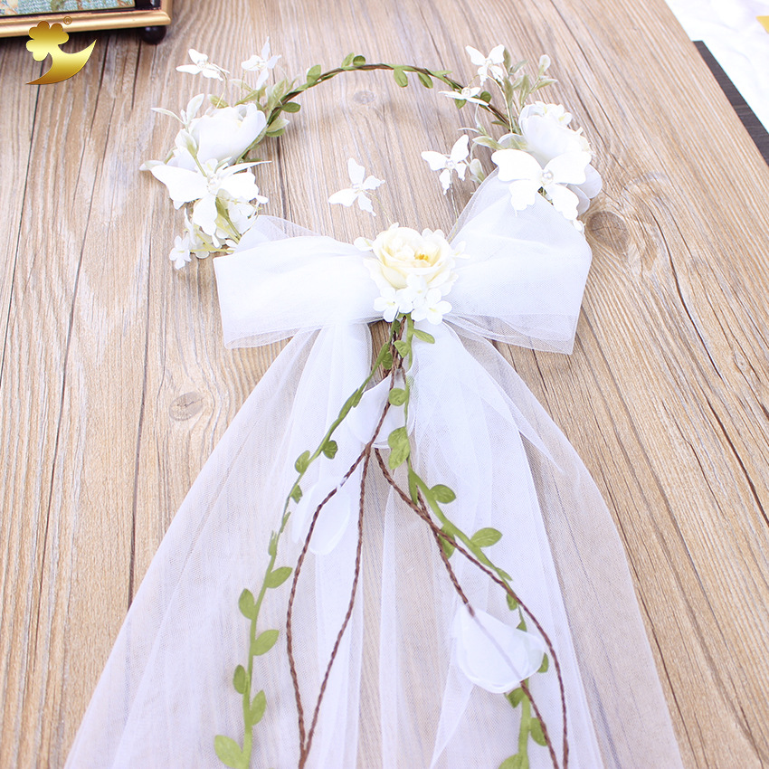 Bow veil simulation garland, European and American hand-woven white rose wedding dress dress garland headpiece details Picture