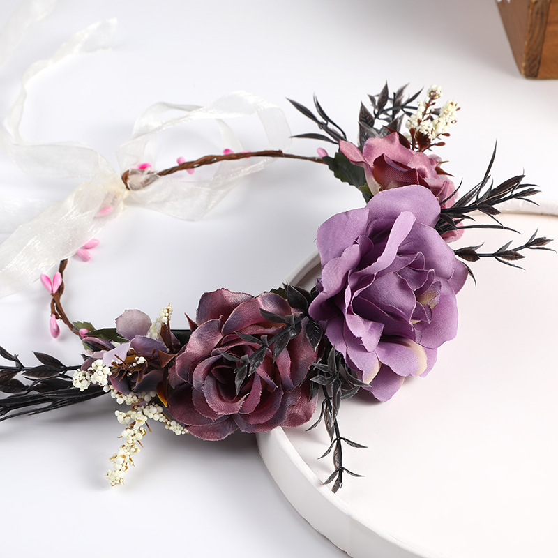 European and American Baroque retro simulation garland bride headwear, purple tie photo headband, handcrafted rattan hair accessory