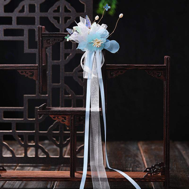 Fashionable ancient-style women's long tassel ribbon Hanfu decorative accessories, solid color glass flower style tulle hair clip pressed back Application Scenario