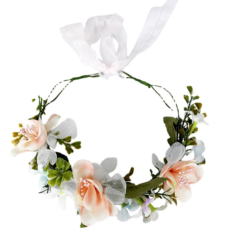 Korean-style garland headwear, pink simple wedding dress accessories, bride's hair accessories, handcrafted fabric flower travel headband Item Picture