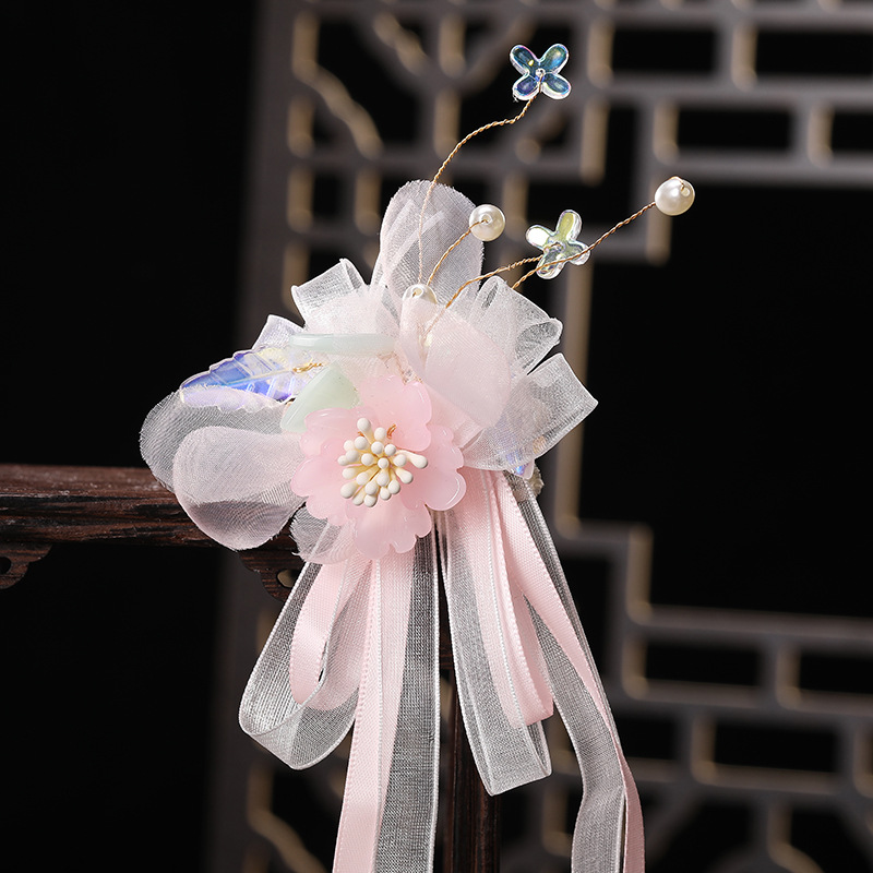 Fashionable ancient-style women's long tassel ribbon Hanfu decorative accessories, solid color glass flower style tulle hair clip pressed back