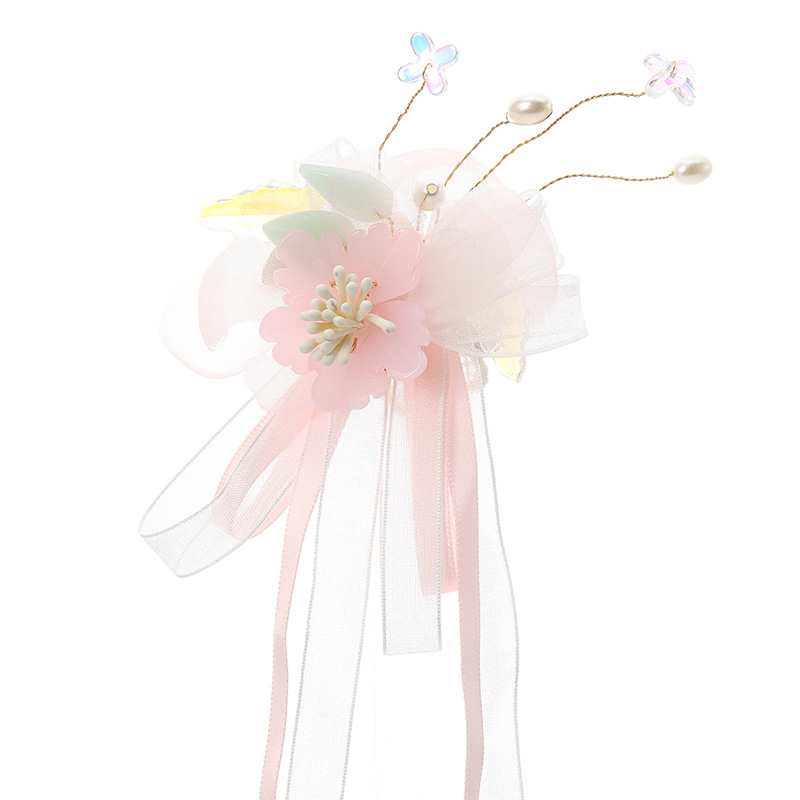 Fashionable ancient-style women's long tassel ribbon Hanfu decorative accessories, solid color glass flower style tulle hair clip pressed back Item Picture
