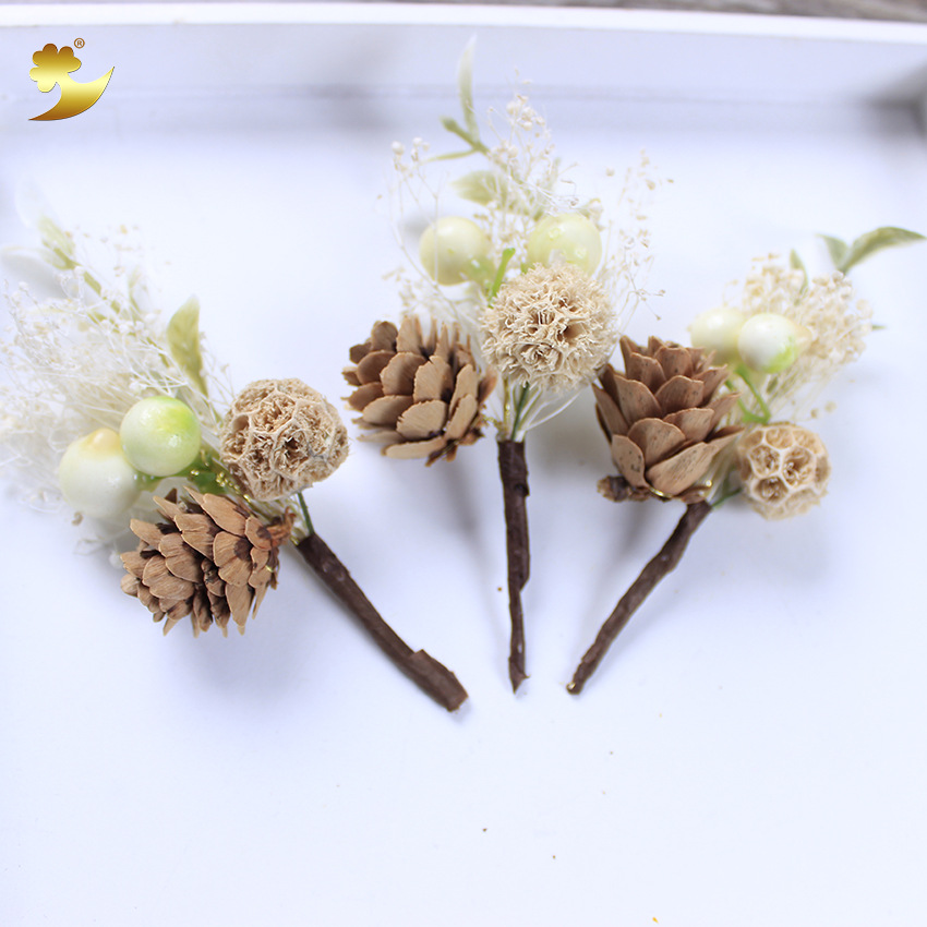 Korean fashion starry sky dried flower hairpin, handcrafted natural dried pinecone simulated leaf bridal hairpin Specification image