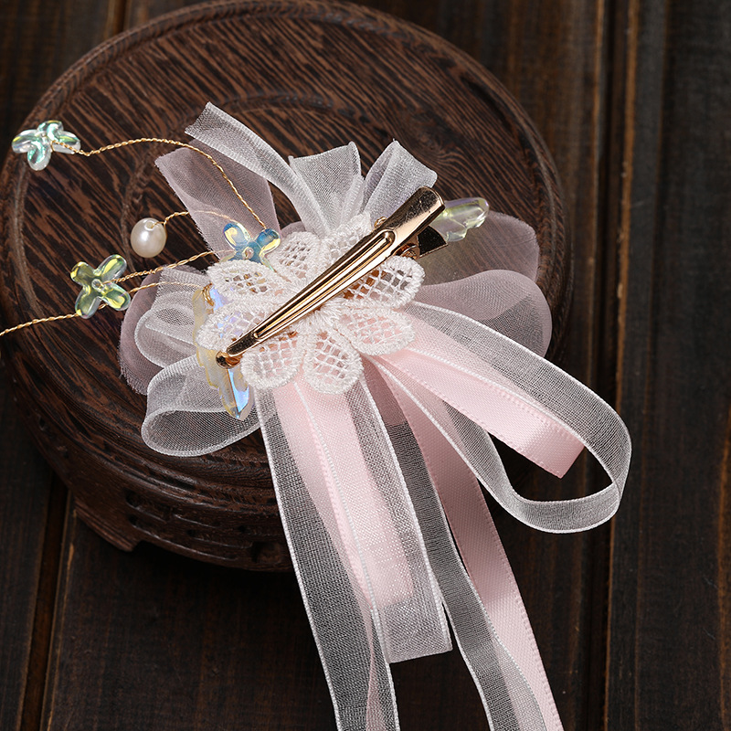 Fashionable ancient-style women's long tassel ribbon Hanfu decorative accessories, solid color glass flower style tulle hair clip pressed back details Picture