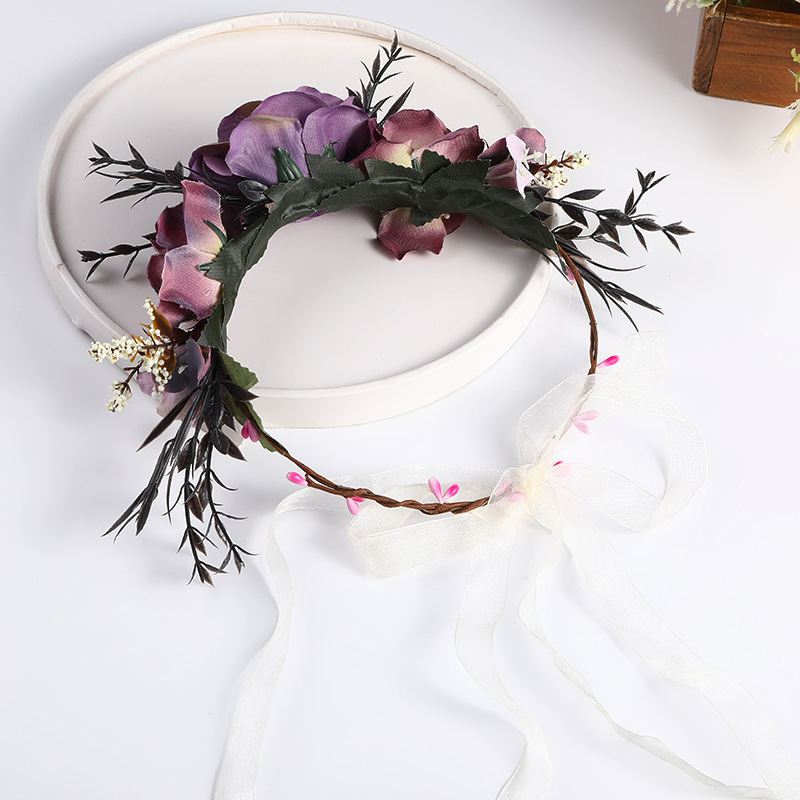 European and American Baroque retro simulation garland bride headwear, purple tie photo headband, handcrafted rattan hair accessory Specification image