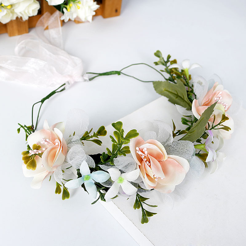 Korean-style garland headwear, pink simple wedding dress accessories, bride's hair accessories, handcrafted fabric flower travel headband Specification image