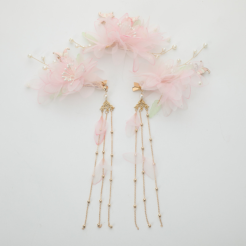 A fashionable and ethereal ancient-style female metal long tassel light pink gauze flower headpiece and a simple three-piece hair clip set Item Picture