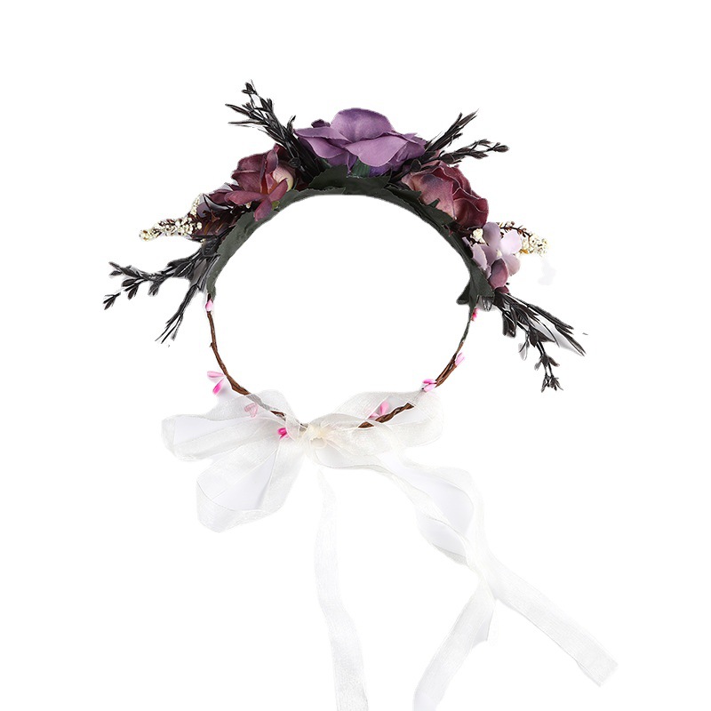 European and American Baroque retro simulation garland bride headwear, purple tie photo headband, handcrafted rattan hair accessory Item Picture
