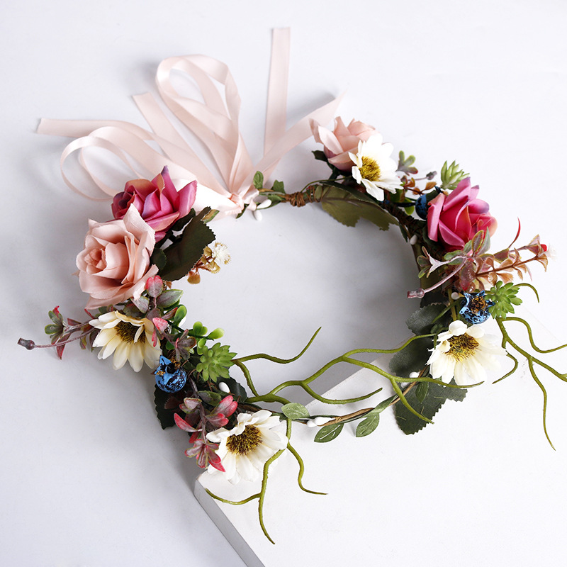 New bride's wreath, faux rose, rattan ribbon, forest-themed princess headband, handcrafted hair flower, travel commemorative Specification image