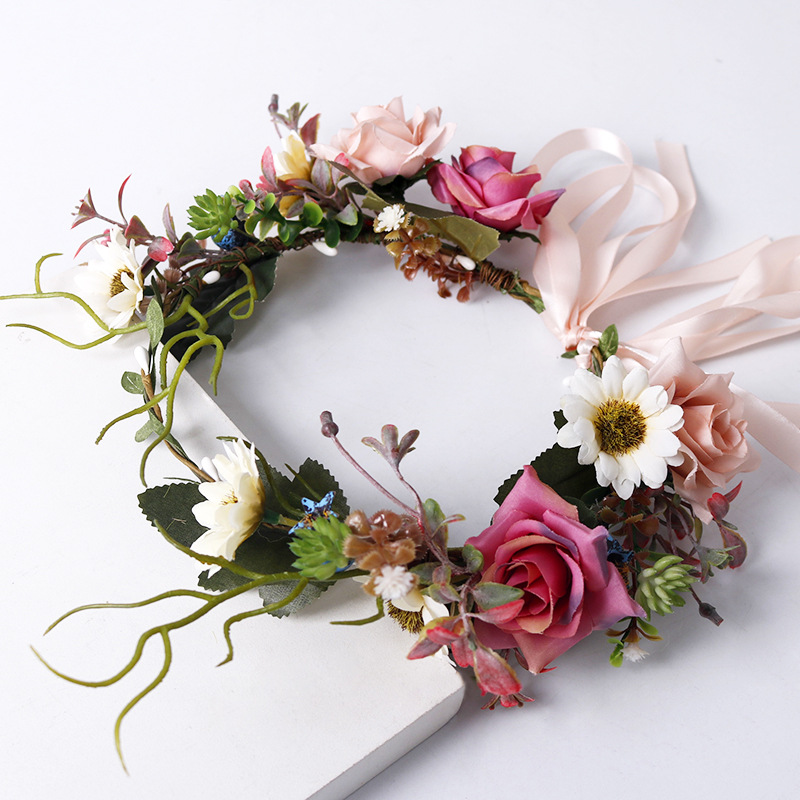 New bride's wreath, faux rose, rattan ribbon, forest-themed princess headband, handcrafted hair flower, travel commemorative