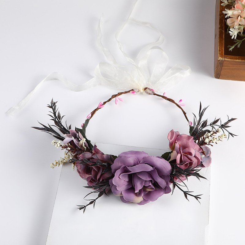 European and American Baroque retro simulation garland bride headwear, purple tie photo headband, handcrafted rattan hair accessory Application Scenario