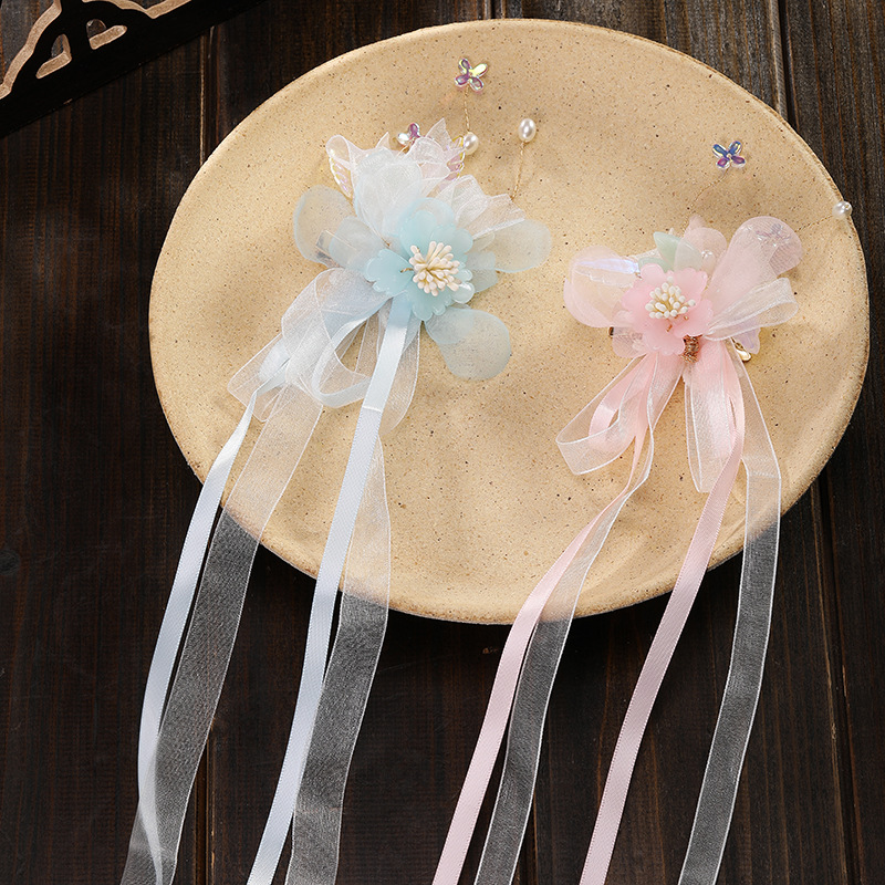 Fashionable ancient-style women's long tassel ribbon Hanfu decorative accessories, solid color glass flower style tulle hair clip pressed back Specification image