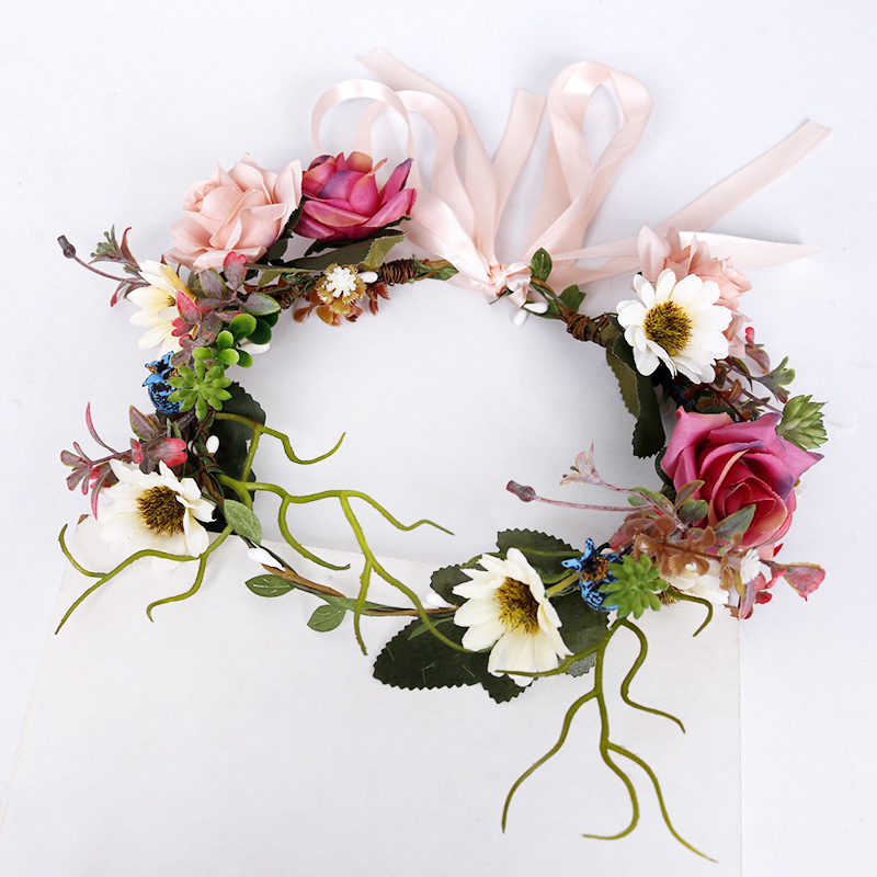 New bride's wreath, faux rose, rattan ribbon, forest-themed princess headband, handcrafted hair flower, travel commemorative details Picture