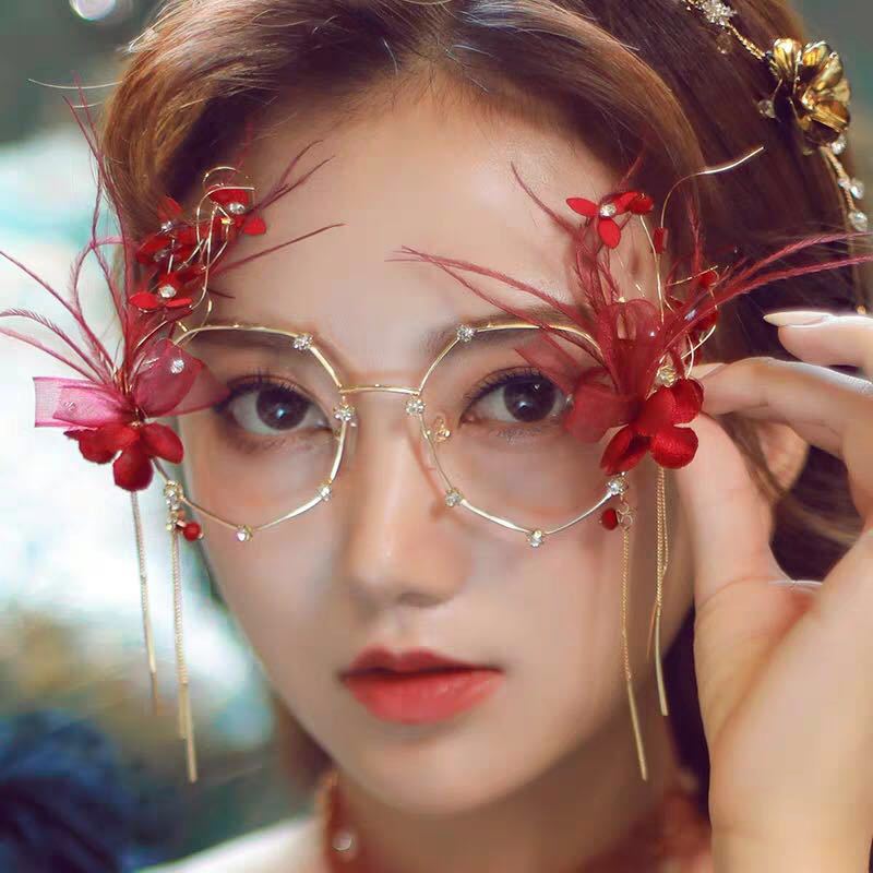 韩式新娘结婚流苏文艺眼镜酒红色羽毛流苏镜框个性潮流韩国风饰品