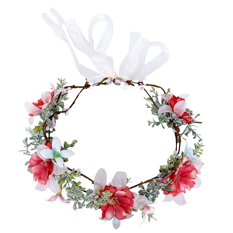 Korean-style bridal wreath, flower headband, red flower headband, forest-themed simple and realistic flower headwear, bow accessory Item Picture