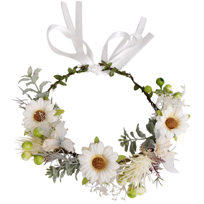 Bride's garland, white sunflower, pearl fabric headband, European and American forest girl style wedding, sweet headwear for seaside photos Item Picture