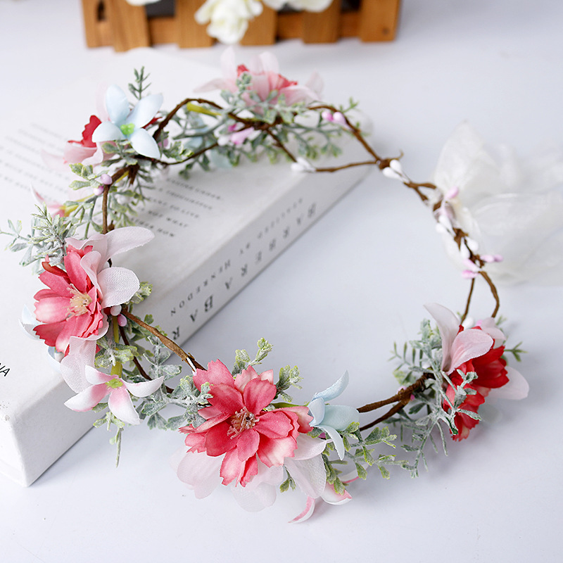Korean-style bridal wreath, flower headband, red flower headband, forest-themed simple and realistic flower headwear, bow accessory Specification image