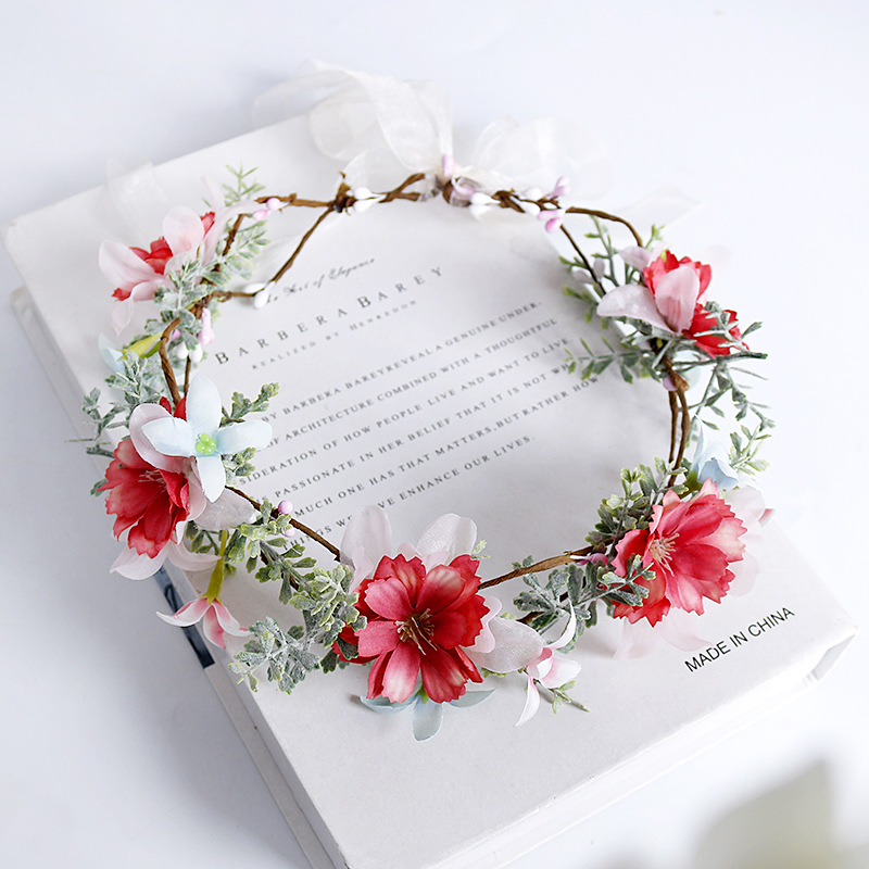 Korean-style bridal wreath, flower headband, red flower headband, forest-themed simple and realistic flower headwear, bow accessory Application Scenario