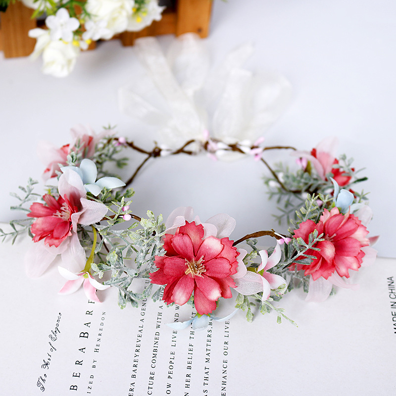 Korean-style bridal wreath, flower headband, red flower headband, forest-themed simple and realistic flower headwear, bow accessory details Picture