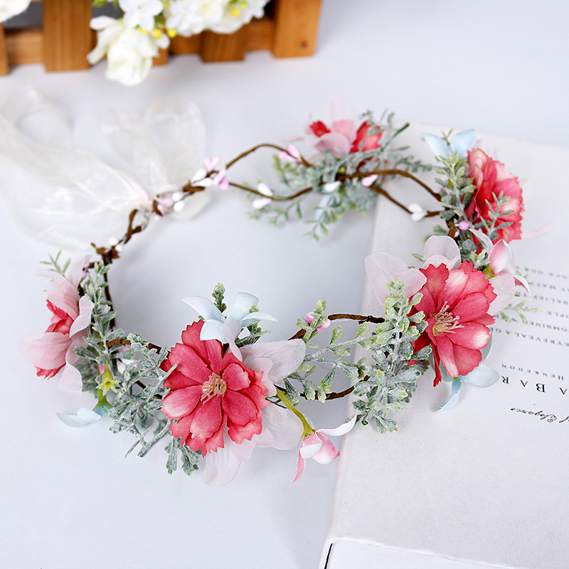 Korean-style bridal wreath, flower headband, red flower headband, forest-themed simple and realistic flower headwear, bow accessory