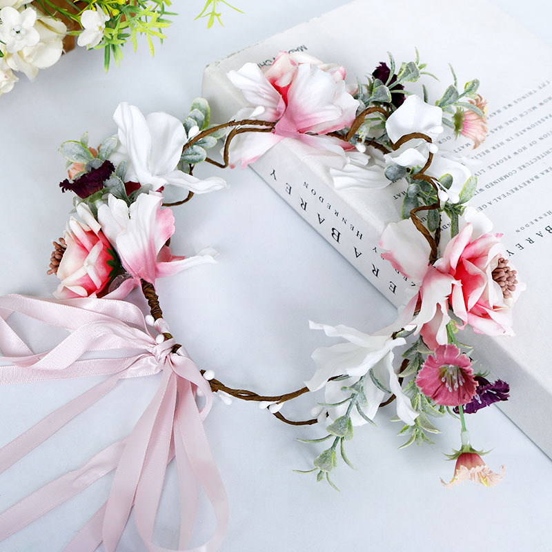 The bride's headband, flower wreath, 8-shaped rattan forest-themed hair flower, flower ribbon, artificial green leaf headband, wedding flower girl accessories Specification image