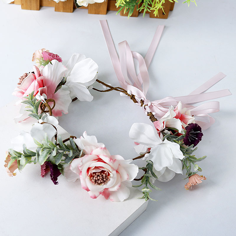 The bride's headband, flower wreath, 8-shaped rattan forest-themed hair flower, flower ribbon, artificial green leaf headband, wedding flower girl accessories details Picture