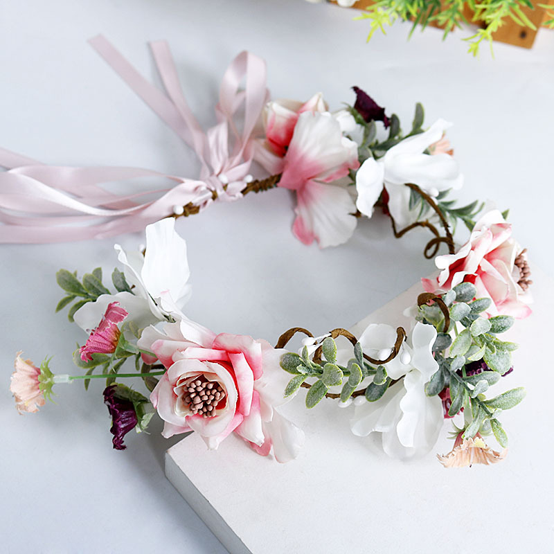 The bride's headband, flower wreath, 8-shaped rattan forest-themed hair flower, flower ribbon, artificial green leaf headband, wedding flower girl accessories