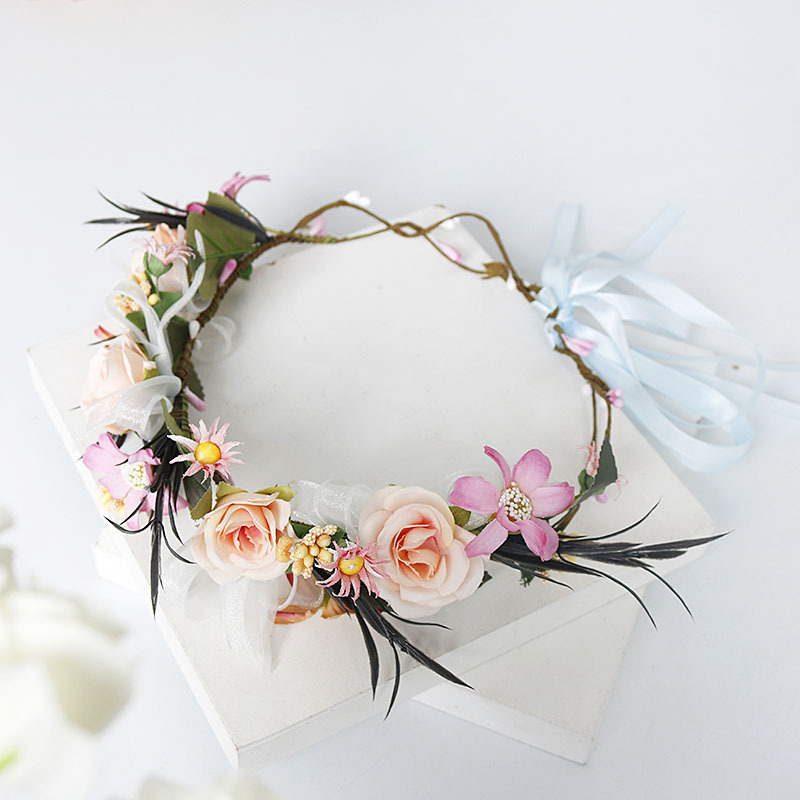 Hot-selling forest girl garland, rattan bridal headwear, photography accessories, blue ribbon fabric rose, bow headband Specification image