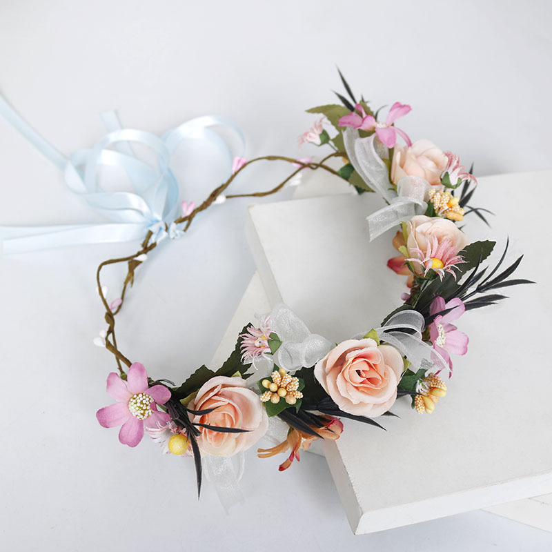 Hot-selling forest girl garland, rattan bridal headwear, photography accessories, blue ribbon fabric rose, bow headband
