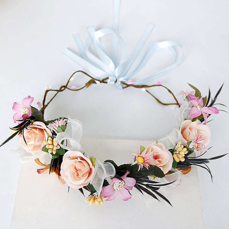 Hot-selling forest girl garland, rattan bridal headwear, photography accessories, blue ribbon fabric rose, bow headband details Picture