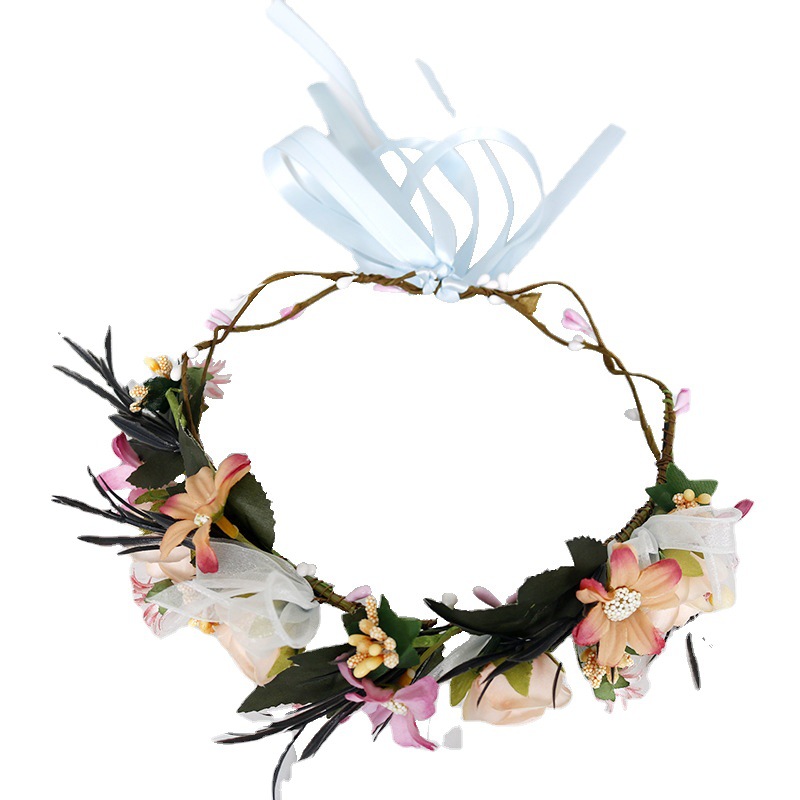 Hot-selling forest girl garland, rattan bridal headwear, photography accessories, blue ribbon fabric rose, bow headband Item Picture