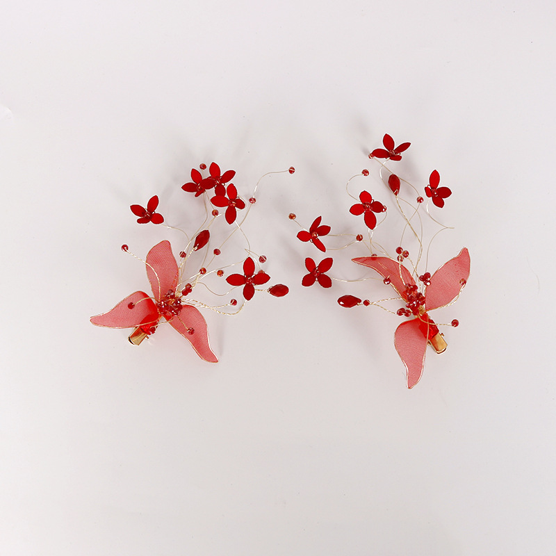 Super fairy-like ancient-style twisted silk crystal red and bright three-leaf lace clip Item Picture