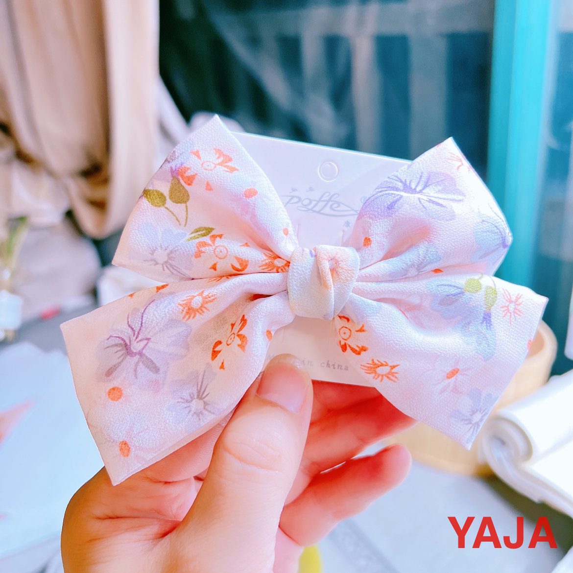 YAJA floral bow hair clip, top clip, fabric hair accessory, elegant girl, hairpin at the back of the head, ponytail chiffon headwear Specification image