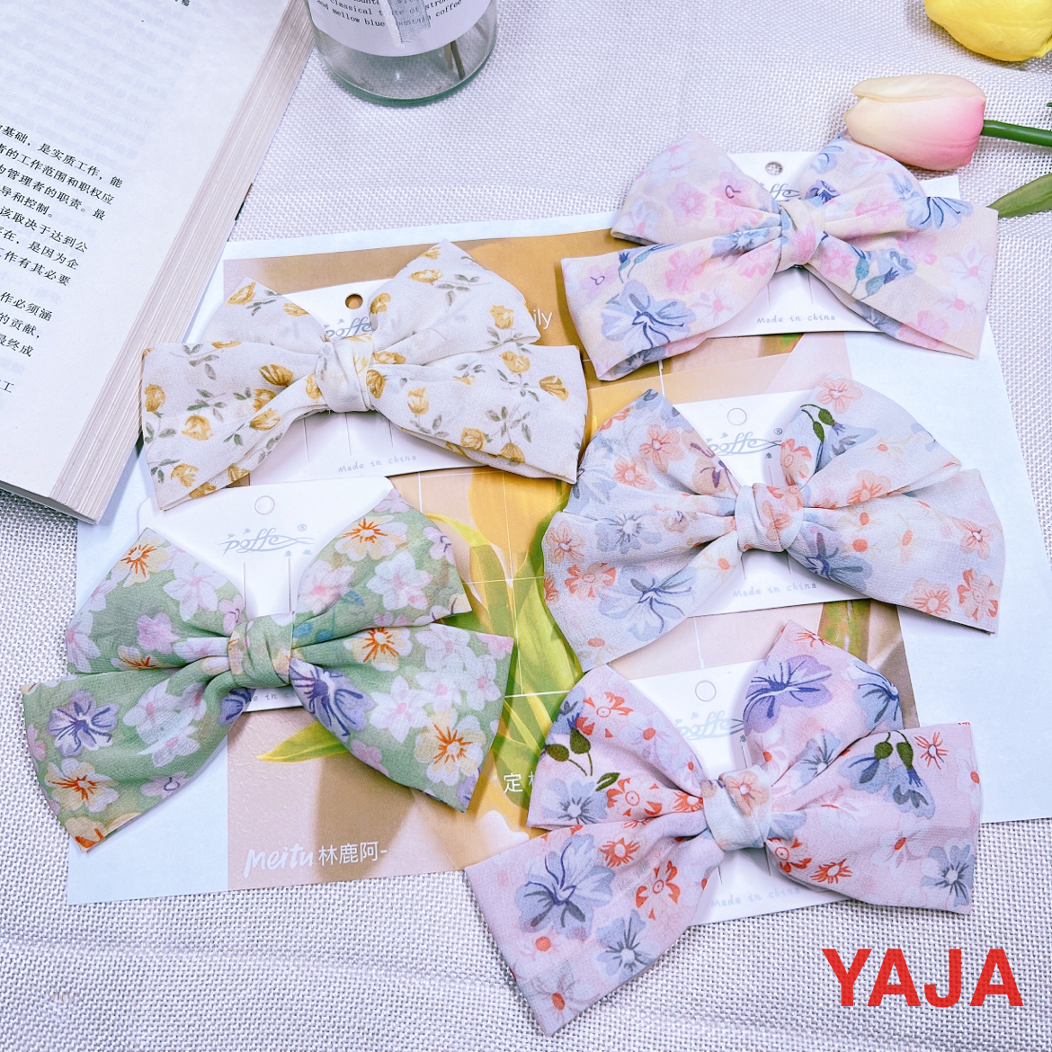 YAJA floral bow hair clip, top clip, fabric hair accessory, elegant girl, hairpin at the back of the head, ponytail chiffon headwear