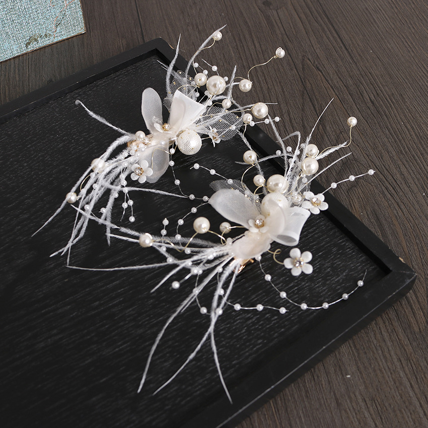 New hair clip headwear, feather super fairy pair clip, handcrafted high-gloss pearl hair accessory, European and American fashion trend hair accessory details Picture