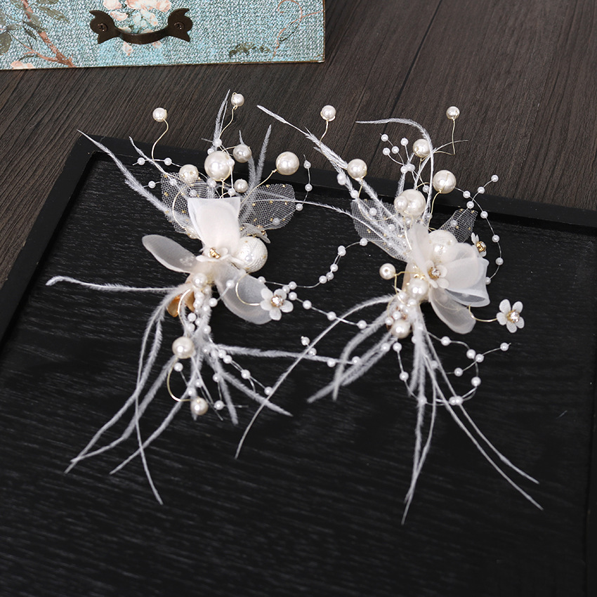 New hair clip headwear, feather super fairy pair clip, handcrafted high-gloss pearl hair accessory, European and American fashion trend hair accessory Item Picture