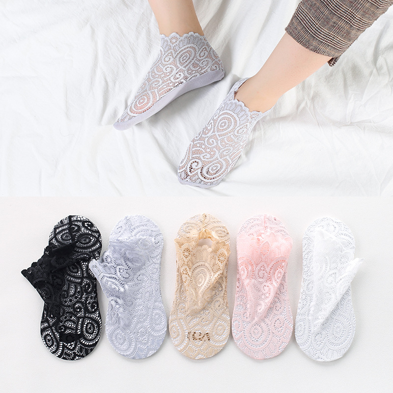 春夏新款镂空网眼韩版蕾丝袜子女 花边纯色棉底透气船袜一件代发